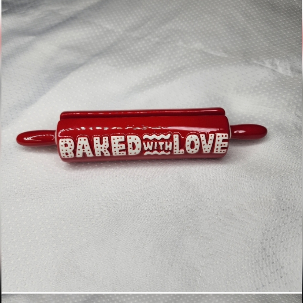 Red Rolling Pin Recipe Card Holder  with 'Baked with Love' Design